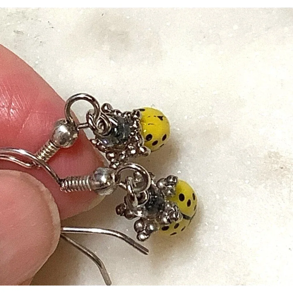 Yellow Ladybug Earrings Glass Beads with Silver Hook Wires